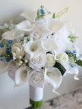 Faux White Real Touch Roses Calla Lily Bridal Bouquet, White& Blue Baby's Breath, Lily of the valley, Spring Summer Wedding BouquetsX Bouquet