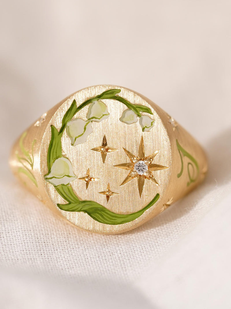 Custom Birth Flower Ring, Flower Enamel Ring, Lily Of The Valley Flower, Hand Painted Jewelry, Birthday Gift , Personalized Gift For Her birthday flower