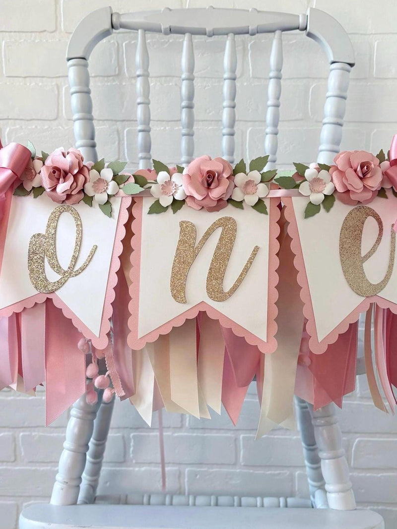 Candy Pink 1st Birthday High Chair Banner: Boho Floral Garland birthday flower