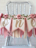 Candy Pink 1st Birthday High Chair Banner: Boho Floral Garland birthday flower