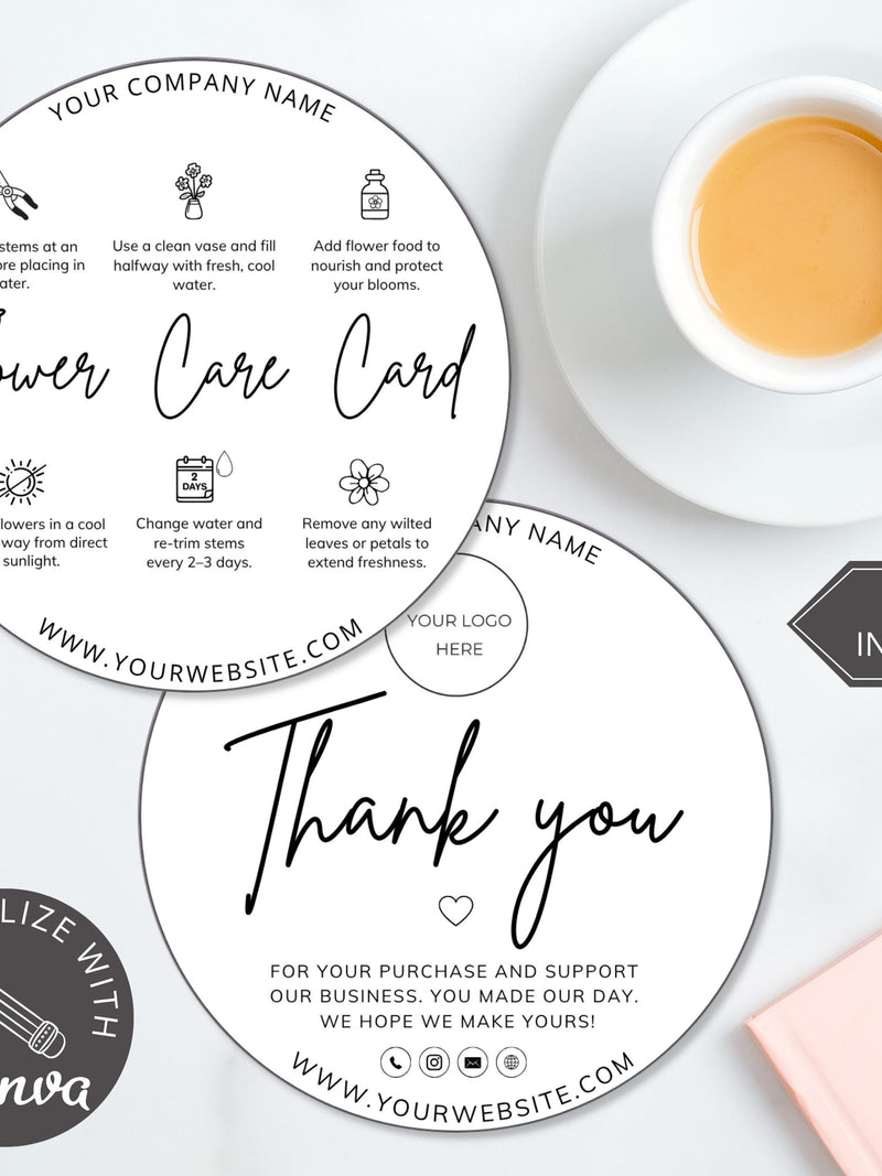 Editable Flower Care Card for Fresh Cut Flowers | Canva Template Thank You Stickers | Flower Delivery Care Instructions Tag for Florist Gift FLOWER DELIVERY