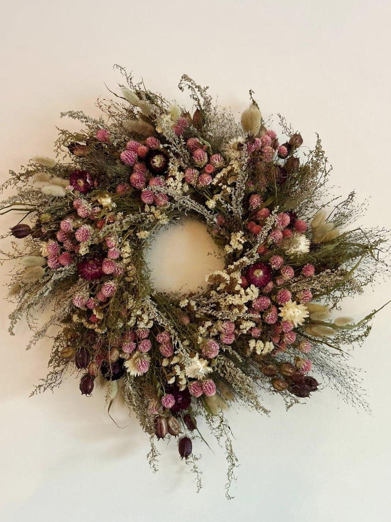 Pink Dried Flower Wreath, Bunny Tail Grass, Farm Grown, 18 Inch flower spore