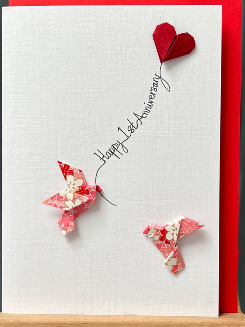 Handmade happy 1st Paper Anniversary Card Origami love birds Pink & Red Romantic Red Heart Balloon Japanese Yuzen Design for someone special ANNIVERSARY