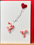 Handmade happy 1st Paper Anniversary Card Origami love birds Pink & Red Romantic Red Heart Balloon Japanese Yuzen Design for someone special ANNIVERSARY