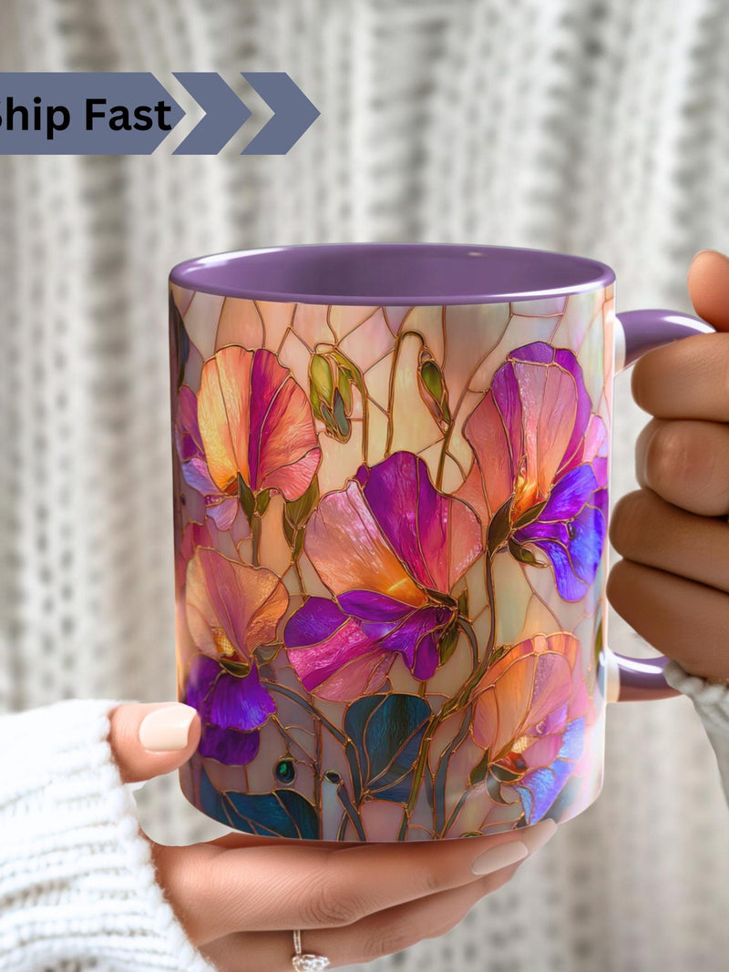 Sweet Pea Floral Mug: Stained Glass Style, April Birth Flower, Botanical Gift birthday flower
