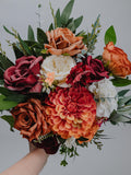 Dahlia Terracotta Burgundy Burnt Orange Bridal Bouquet/Fall Wedding Flowers with White AccentsBoho Bridesmaid Bouquet/Rustic Faux Florals Bouquet
