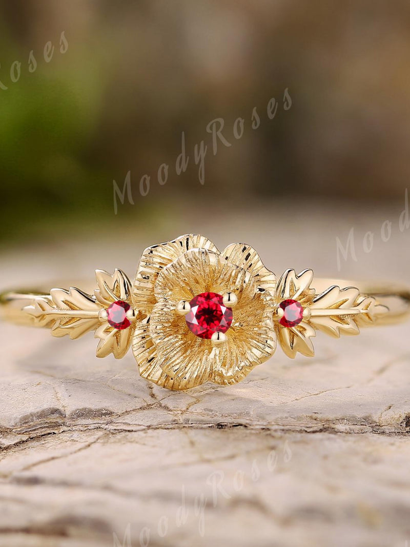 Unique Floral Ring, Poppy Ring, Birthday Flower Ring, Nature Inspired Leaf Ring, Dainty Ring Promise, Flower Jewelry, Anniversary Gift birthday flower