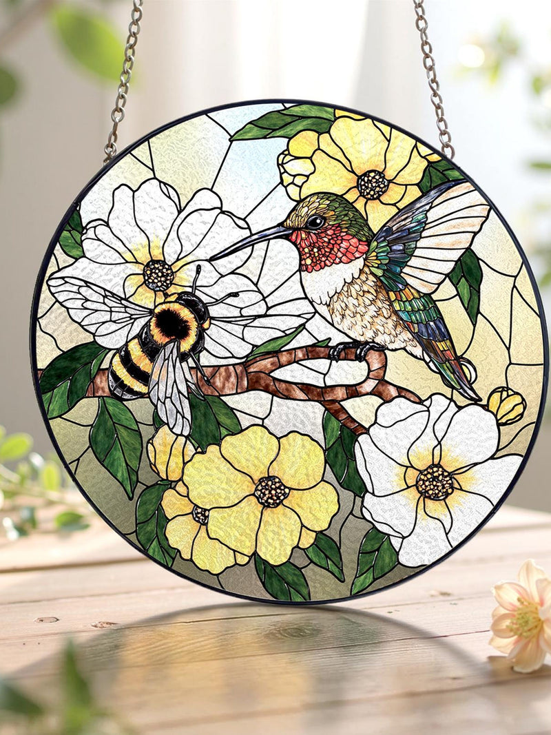 Hummingbird and Bee Flower Stained Glass Suncatcher/Bee Stained Glass Ornament/Bird Wall Art/ifts for Mom/Indoor Decor/Memory Sympathy Gift sympathy flower
