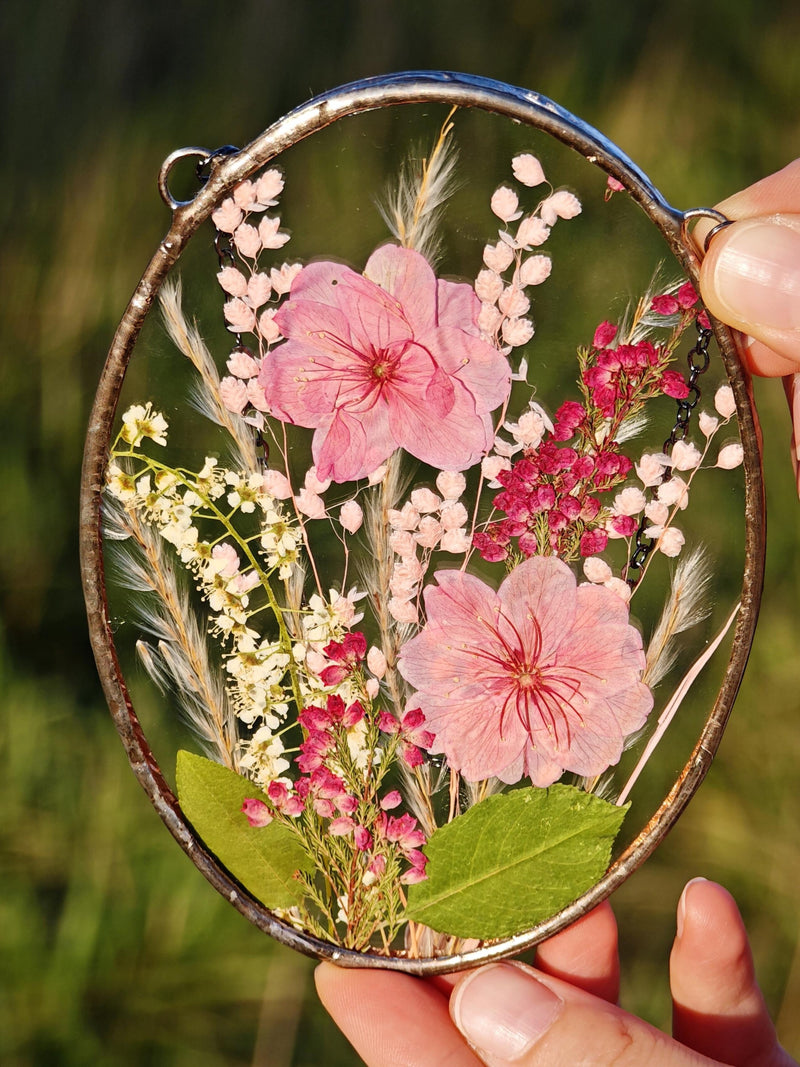 Pressed Flower Suncatcher: Stained Glass Panel, Dried Wildflower Art birthday flower