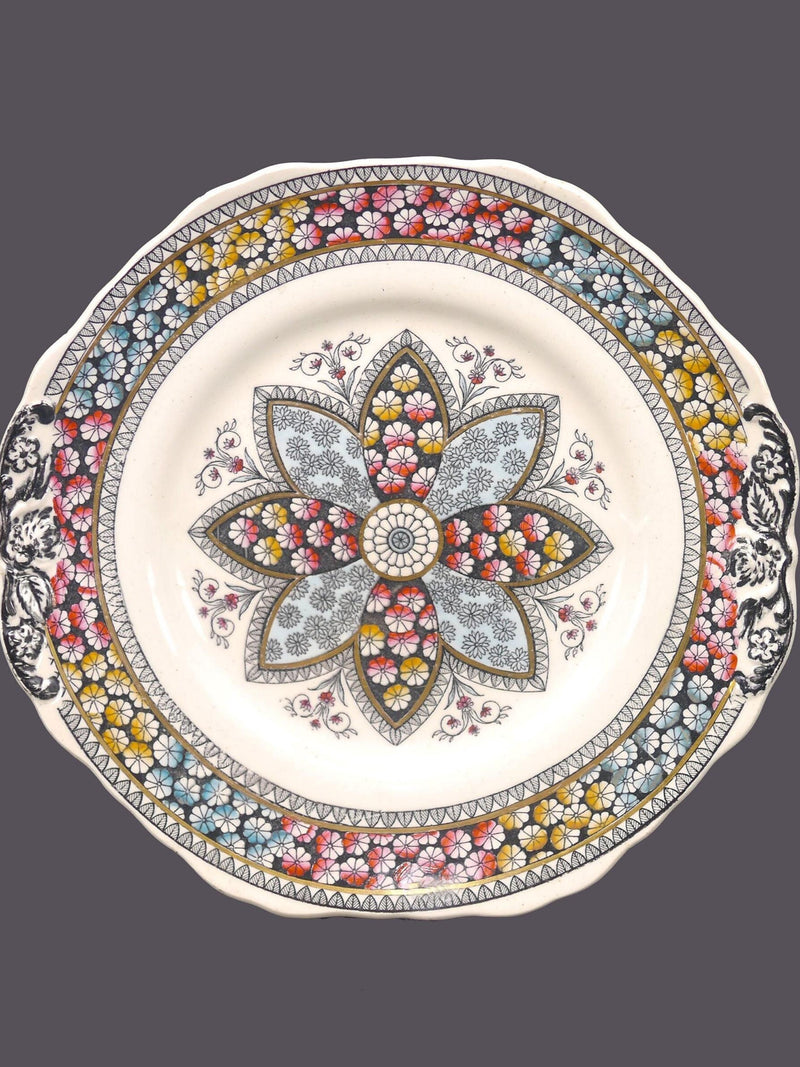 Antique Victorian-age Copeland Spode Primrose Multicolor Starflower handled serving plate made England. flower spore