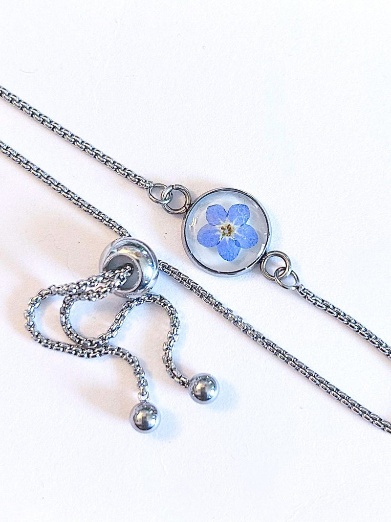 Handmade Forget Me Not Flower Bracelet: Stainless Steel Slider Jewellery. forget me not jewellery. something blue. wedding. mothers day. mum sympathy flower