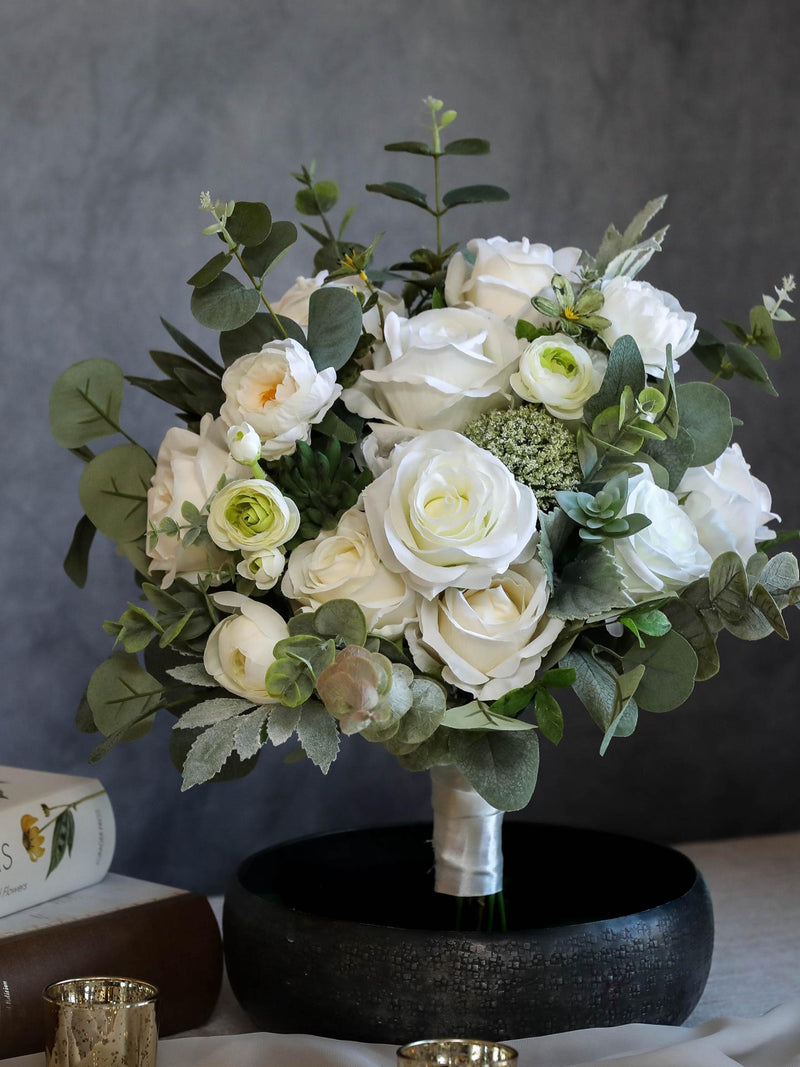 White Eucalyptus Wedding Bouquet, Sage Silk Flowers, Artificial Wedding Flower Bouquet