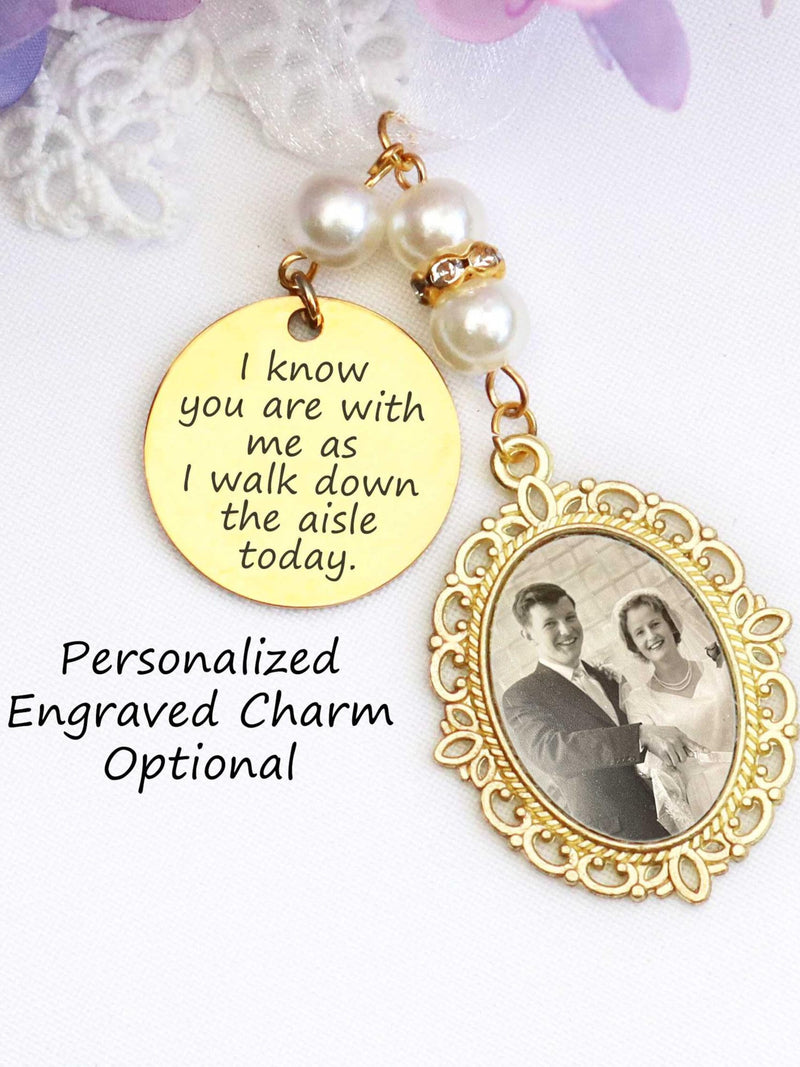 Memorial Bridal Bouquet Charm, Oval Wedding Memorial Keepsake, Flower Bouquet Photo Charm, Hand-written engraved memory sympathy flower