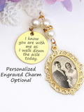 Memorial Bridal Bouquet Charm, Oval Wedding Memorial Keepsake, Flower Bouquet Photo Charm, Hand-written engraved memory sympathy flower