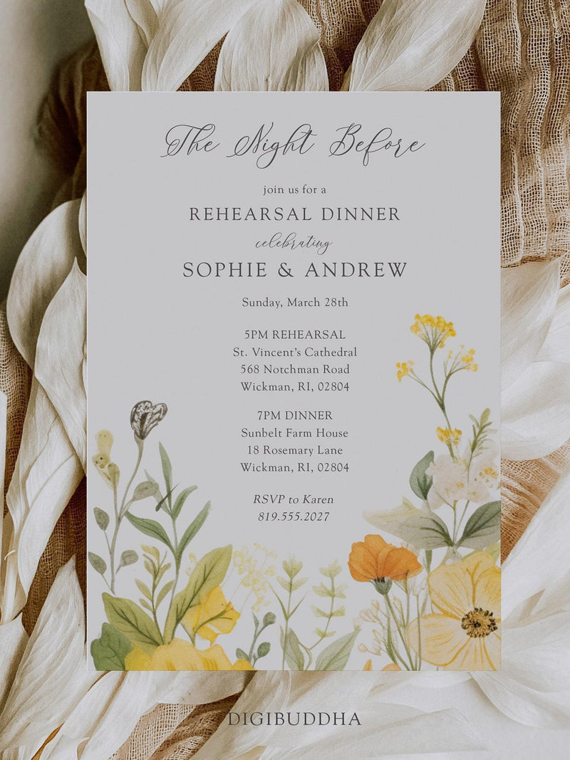 Garden Flowers Rehearsal Dinner Invitation Wildflower Wedding Invite Colorful Spring Floral Couples Shower, The Night Before Party Invites flower spore