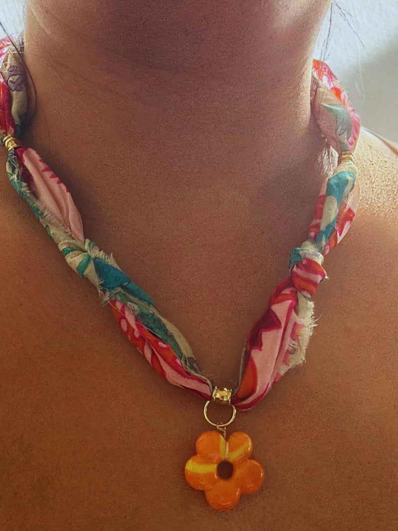 Upcycled Silk Scarf Necklace with Flower Pendant Ð Boho Sari Fabric Choker Ð Handmade Statement Jewelry silk flower