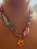 Upcycled Silk Scarf Necklace with Flower Pendant Ð Boho Sari Fabric Choker Ð Handmade Statement Jewelry silk flower