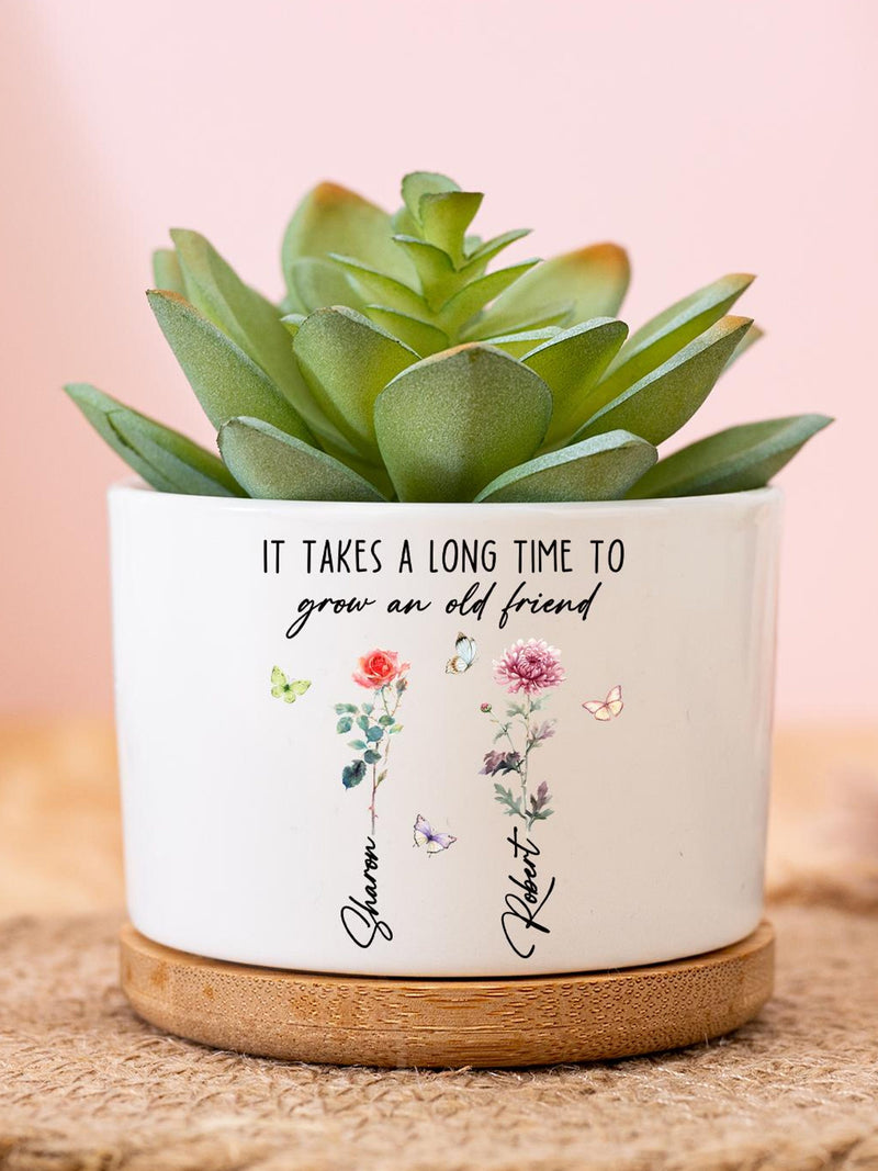 Personalized Birth Flower Plant Pot, Custom Friendship Floral Ceramic Flower Pot, Best Friend Gift, Christmas Gift For Bestie, Sisters Gift birthday flower
