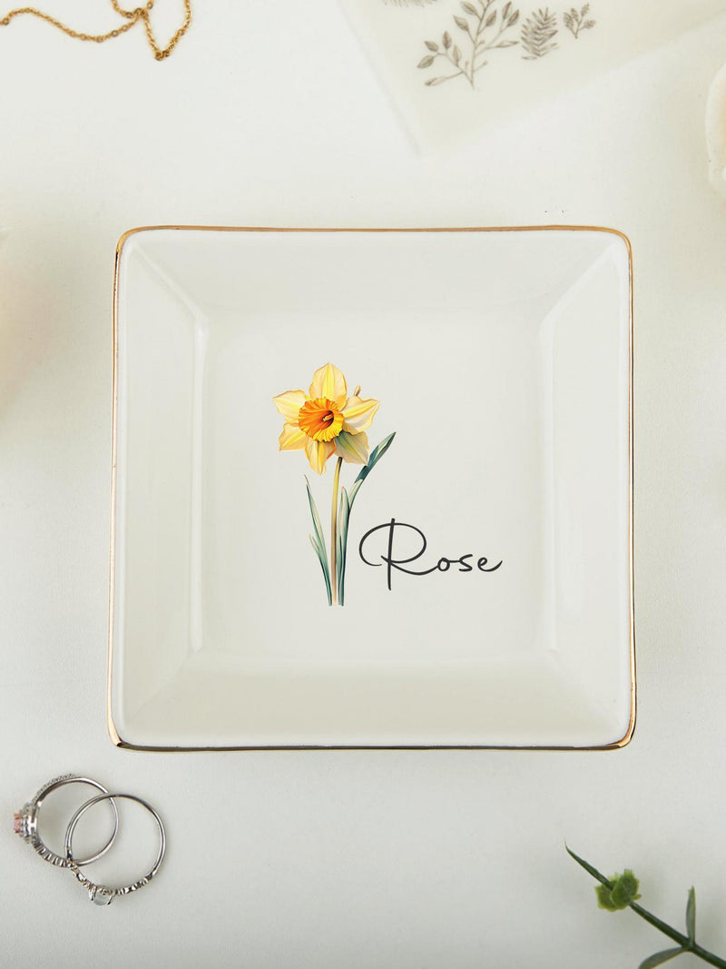 Personalised Birth Flower Ring Dish, Watercolor Floral Trinket Dish for Her, Birthday Jewelry Dish, Bridesmaid Gift Mother's Day gift ANNIVERSARY