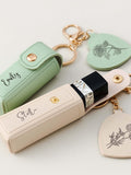 Engraved Birth Flower Lipstick Keychain Case with Mirror, Custom PU Leather Lip Balm Bag, Personalized Birthday Gift for Her, Christmas gift birthday flower