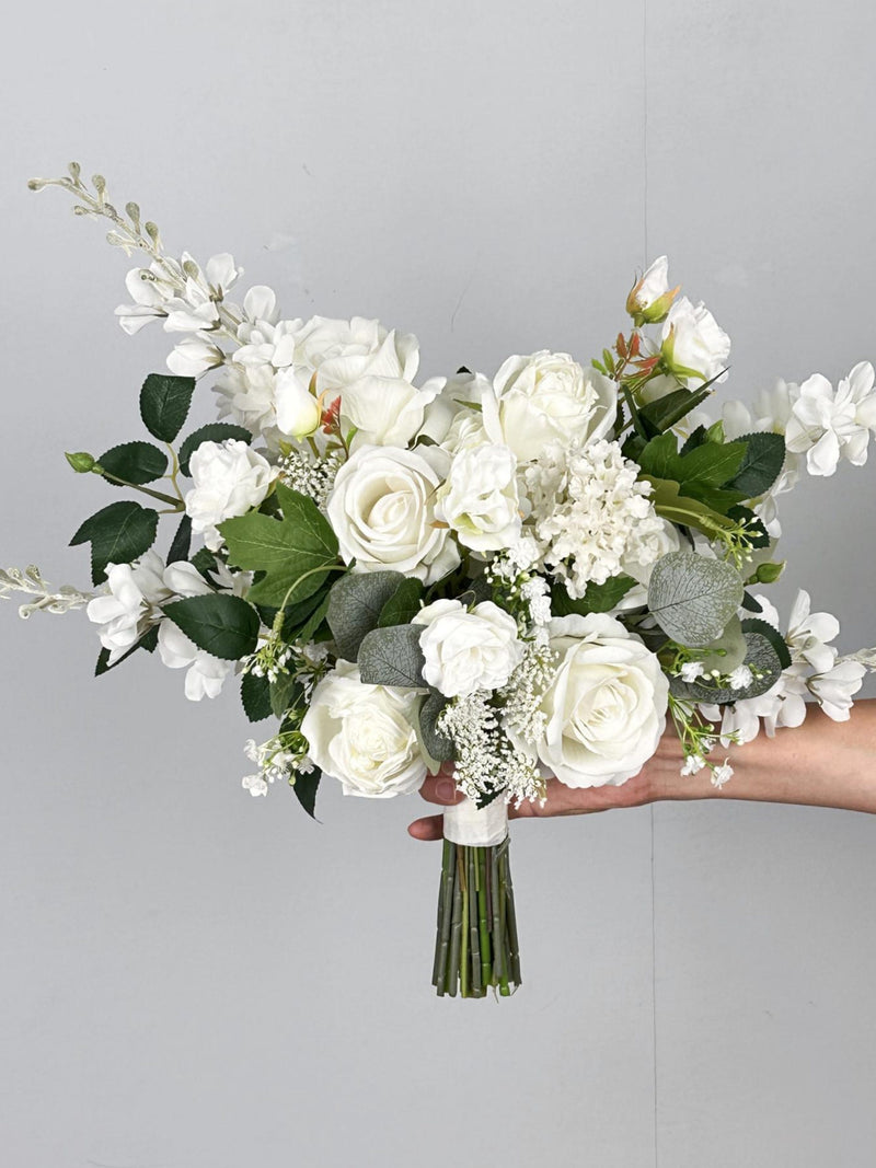 White Asymmetrical Bridal Bouquet: Silk Rose, Baby's Breath & Hydrangea wedding flower