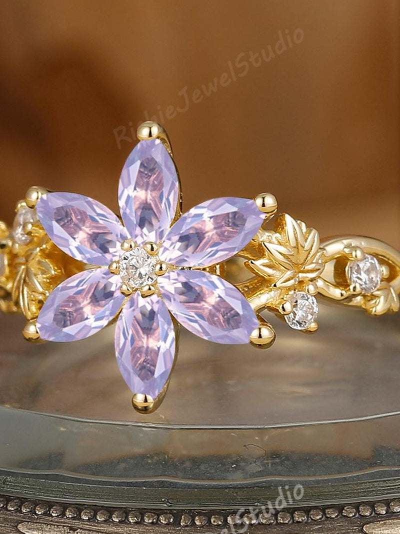 2.5x5mm Marquise Cut Natural Lanvender Amethyst Engagement Ring, 10K Solid Gold, Anniversary Gift Ring For Her Daughter Women, Flower Ring ANNIVERSARY
