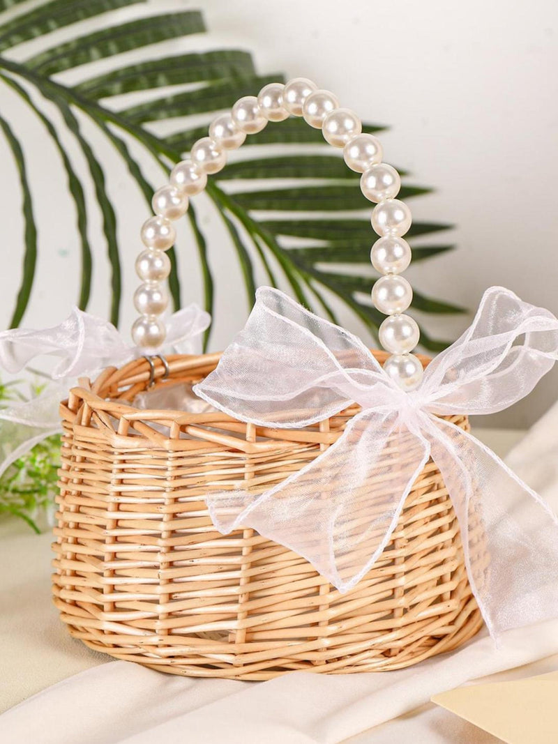 Rustic Flower Girl Basket with Pearl Handle,Flower girl basket rattan,Boho Bridal Basket,Wicker Basket with Ribbon Bow,Wedding wicker basket wedding flower