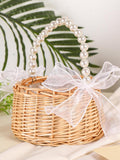 Rustic Flower Girl Basket with Pearl Handle,Flower girl basket rattan,Boho Bridal Basket,Wicker Basket with Ribbon Bow,Wedding wicker basket wedding flower