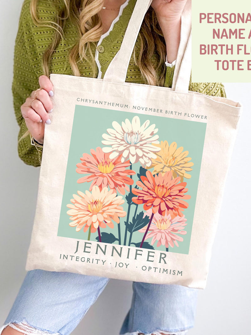 Personalized Birth Month Flower Tote Bag Birth Flower Gift for Mom, Bridesmaid Floral Tote Bridal Party Birth Month BestFriend Gift 30th birthday flower