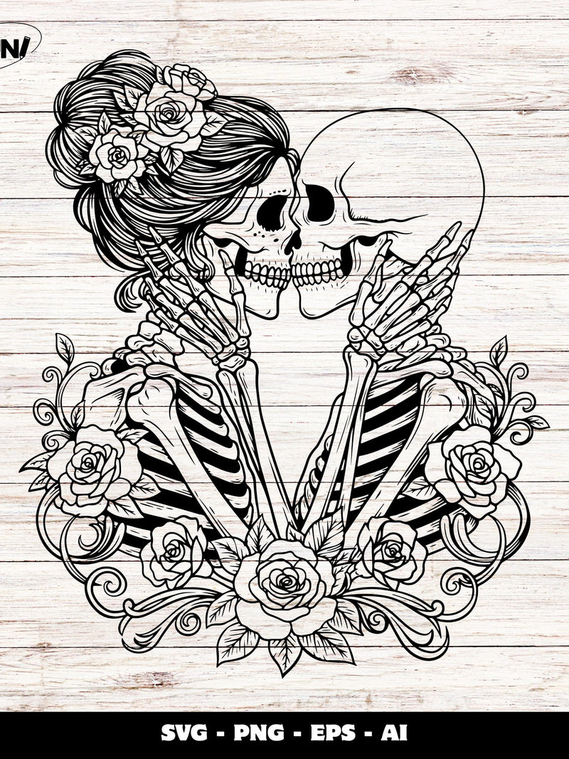Gothic Valentine Skull Couple SVG: Floral Skeleton Lovers Clipart (Digital Download Love Romance Flower