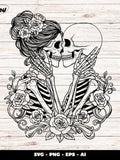 Gothic Valentine Skull Couple SVG: Floral Skeleton Lovers Clipart (Digital Download Love Romance Flower