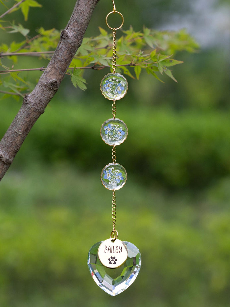 Personalized Pet Name Wind Chime, Forget Me Not Pressed Flowers, Pet Memorial Sun Catcher sympathy flower