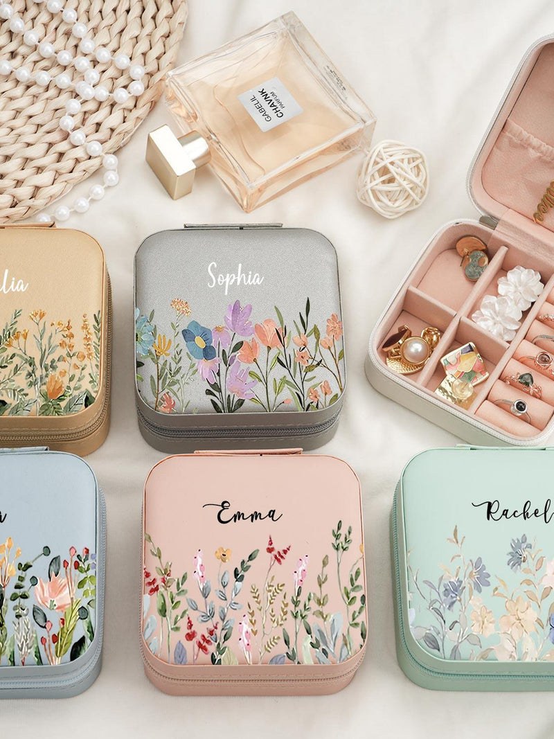Personalized Travel Jewelry Box, Floral PU Leather Mini Organizer Case, Custom Name Bridesmaid Gift, Birthday & Holiday Gift for Women birthday flower