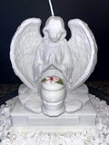 Angel Keepsake Candle: White Ceramic Urn with Pink Flower, Memorial Tribute sympathy flower