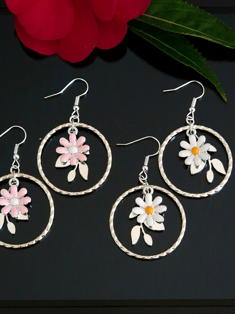 Dangling Daisy Flowers Pink White Nature Dangle Drop Silver Earrings Stainless Steel 925 Sterling Silver FLOWER DELIVERY