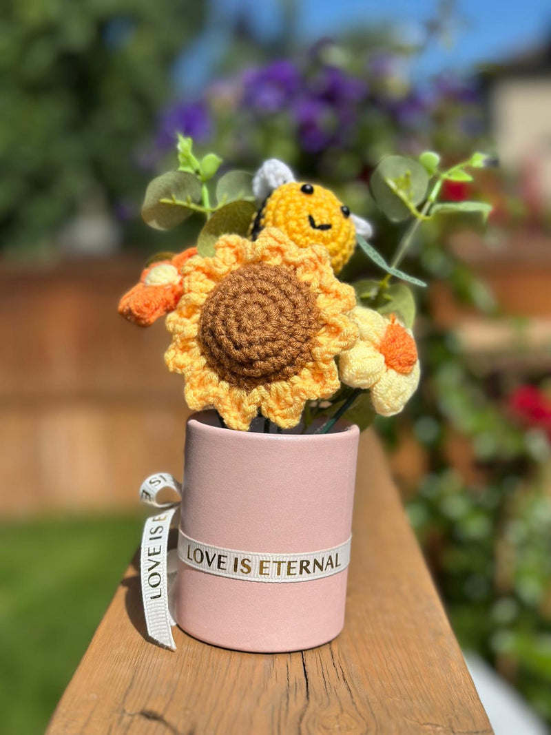 Handmade Crochet Sunflower Bouquet in Gift Box , Home Decor Housewarming Gift for Her, Knitted Flower Bee Bouquet for Desktop , Car , Office house warming flower