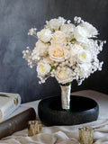 White Rose & Baby's Breath Artificial Wedding Bouquet, Faux Flowers Bouquet
