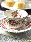 Vintage Spode's Tower Teacup & Saucer: Pink Chrysanthemum Floral, Crazed flower spore