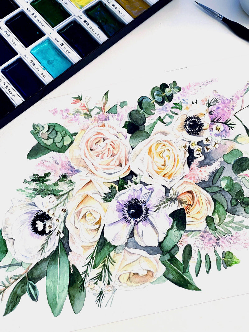 Custom Wedding Bouquet Watercolour Painting Commission - Paper Anniversary Gift - Personalised Handmade Wedding Gift wedding flower