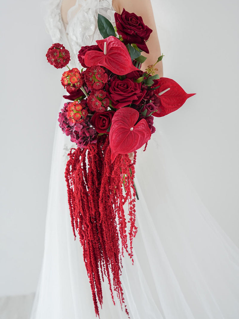 Red Asymmetrical Wedding Bouquet, Boho Flower Bouquet,Artificial Flower, Dark Red Haning Amaranthus Preserved, Rustic, Fall Wedding Bouquet