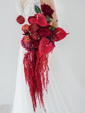 Red Asymmetrical Wedding Bouquet, Boho Flower Bouquet,Artificial Flower, Dark Red Haning Amaranthus Preserved, Rustic, Fall Wedding Bouquet