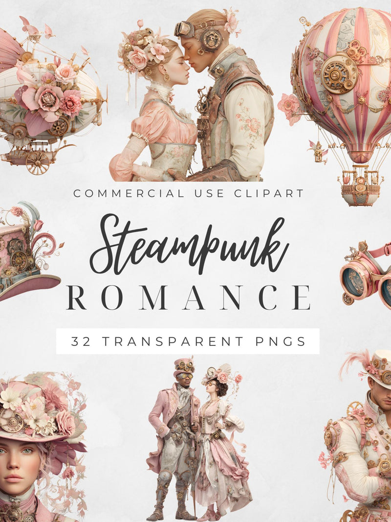 Whimsical Steampunk, Steampunk Wedding Clipart, Pink Flowers & Victorian Gears, DYI Card, Junk Journal, Scrapbooking Supplies,Commercial Use Love Romance Flower
