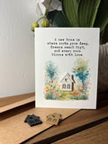 New Home card, unique new home card, garden flowers trees new home, housewarming card, home gift card, wood charm home card, moving home house warming flower