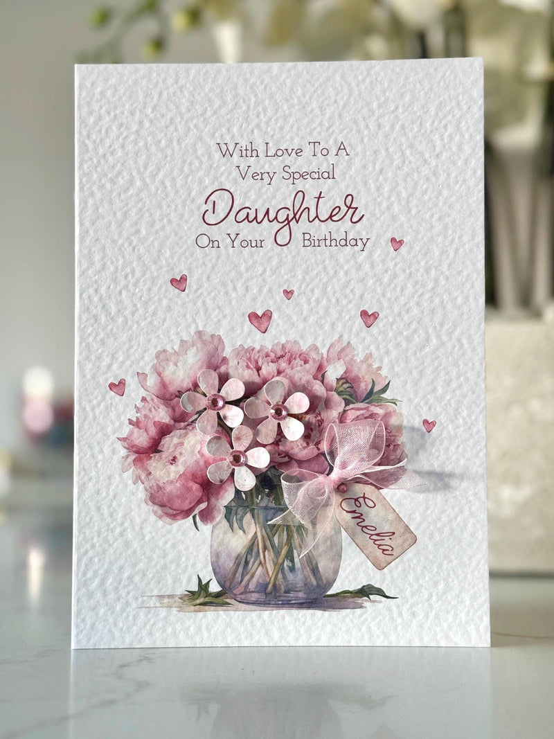 Happy Birthday Daughter, Personlaised Daughter Card,  Daughter Card, 3D Pink Paper Flowers, Luxury Birthday Card, Birthday Daughter. birthday flower