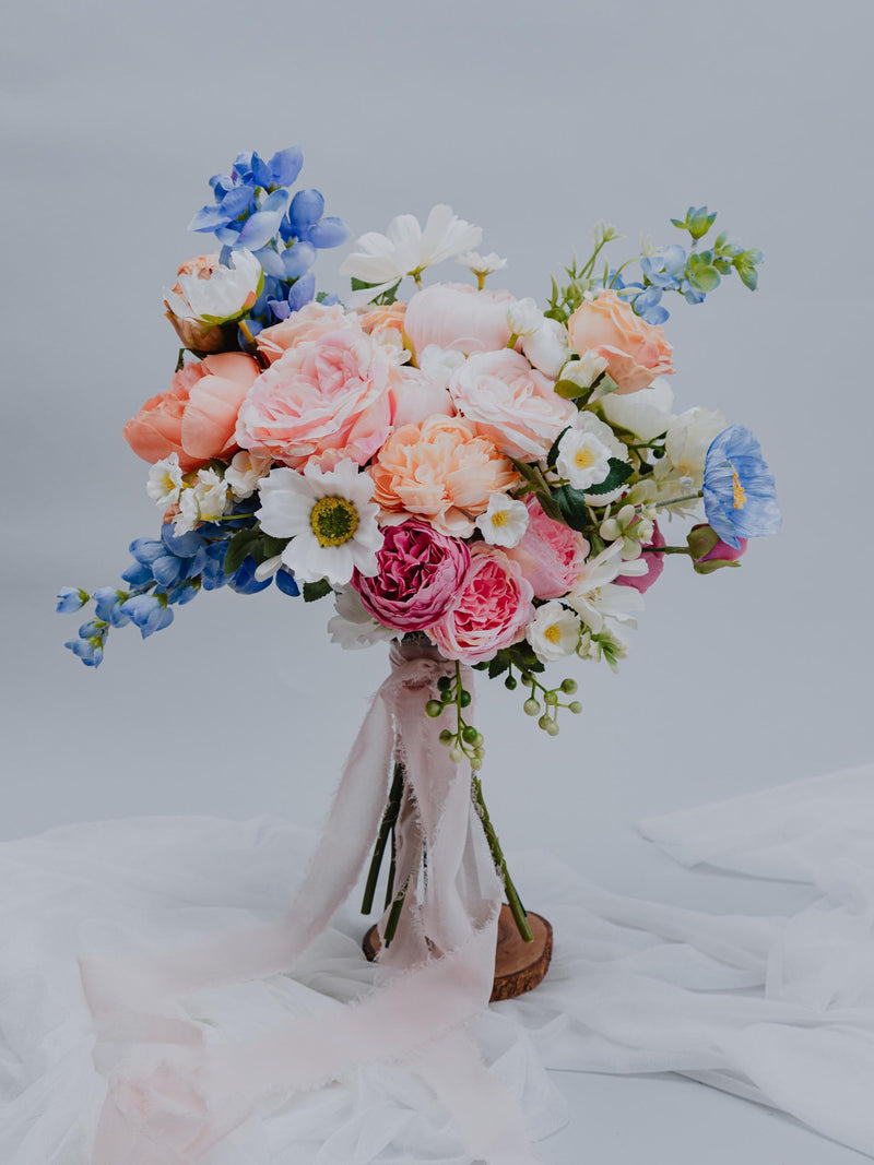 Peach Pink Blue Bridal Bouquet/Pastel Wedding Bouquet Artificial Spring Summer Flowers/Garden Boho Wedding colorful wildflowers Bouquet/ Bouquet