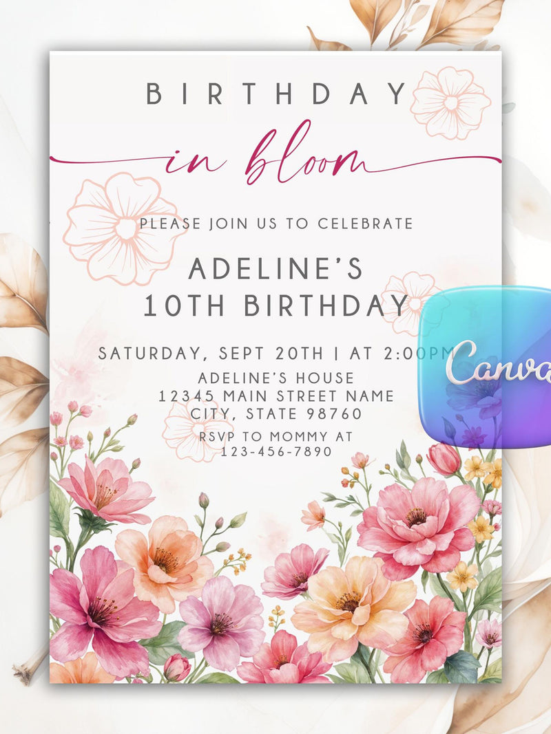 Editable Flower Bloom Invitation, Wildflower Birthday Invitation, Flower Stems, Boho Wildflower Party Printable Invitation Canva Template birthday flower