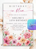 Editable Flower Bloom Invitation, Wildflower Birthday Invitation, Flower Stems, Boho Wildflower Party Printable Invitation Canva Template birthday flower