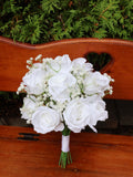 White Rose Bridal Bouquet, Silk Roses & Baby's Breath, Faux Florals Bouquet