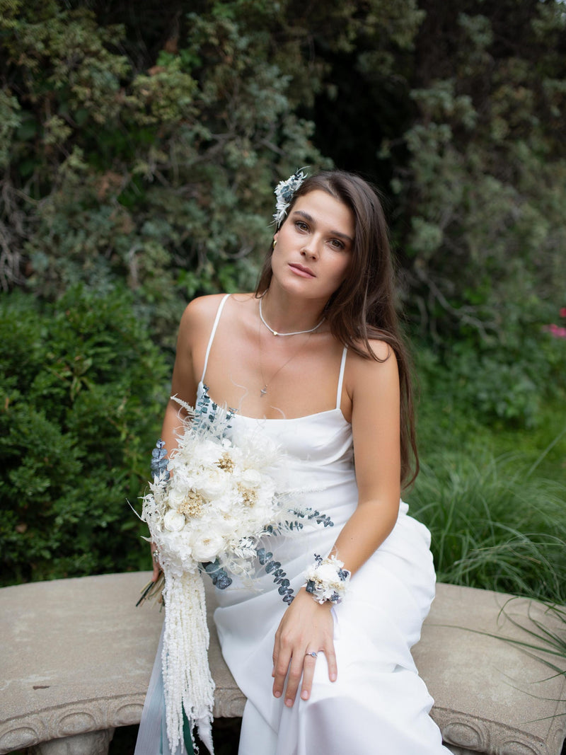 Boho White Dried Flower Bridal Bouquet with Eucalyptus Ð Garden Rose Wedding Set wedding flower