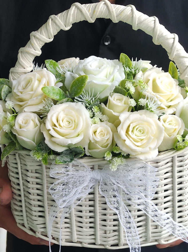 White Rose Soap Flowers Bouquet Lace Basket Romantic Home Decor Flower Arrangement Anniversary Idea ANNIVERSARY